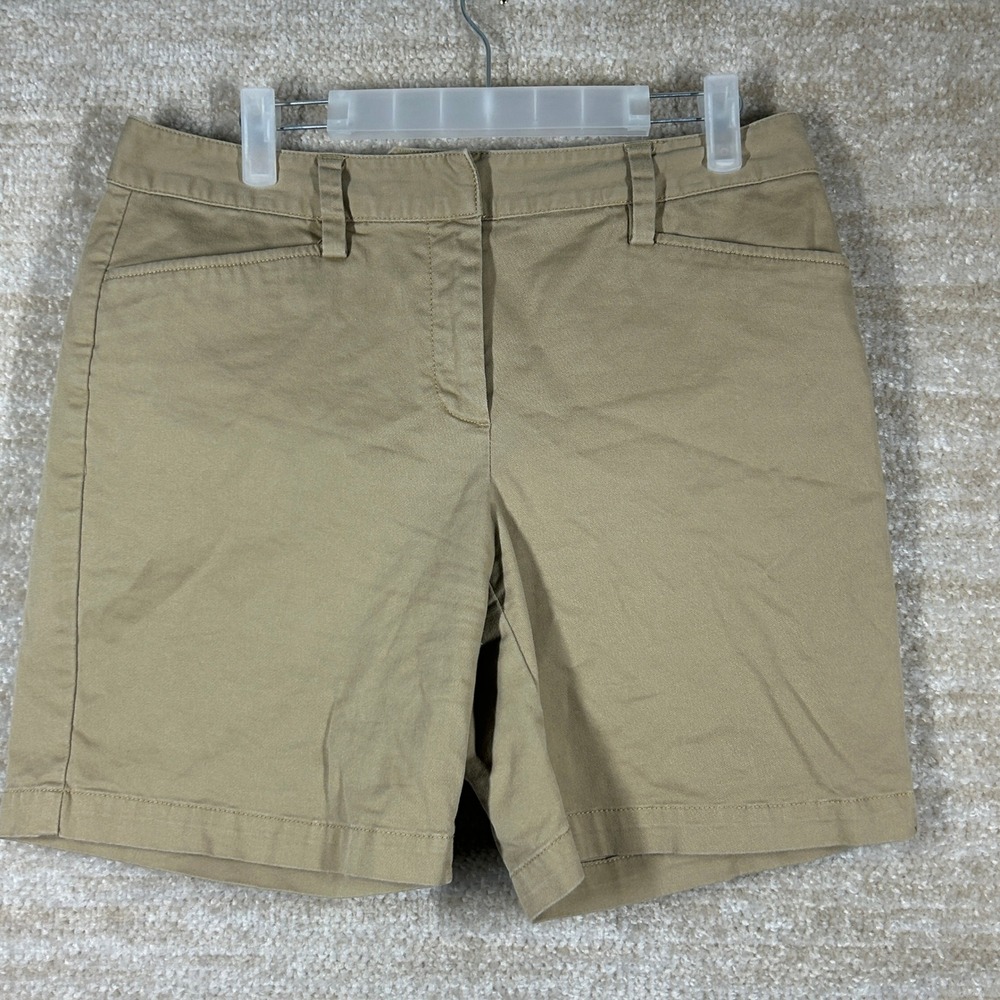 Lands' End Women 4 Mid Rise Chino Shorts Khaki Tan Stretch Cotton 7" Inseam